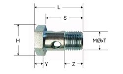 side view of single banjo bolt with dimension markings